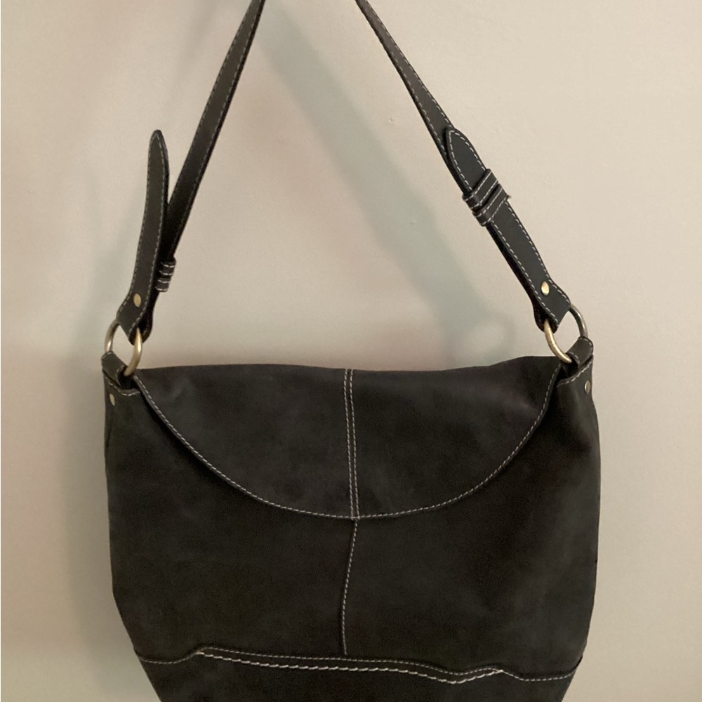 boc Black Suede Shoulder Bag with Contrast Stitching